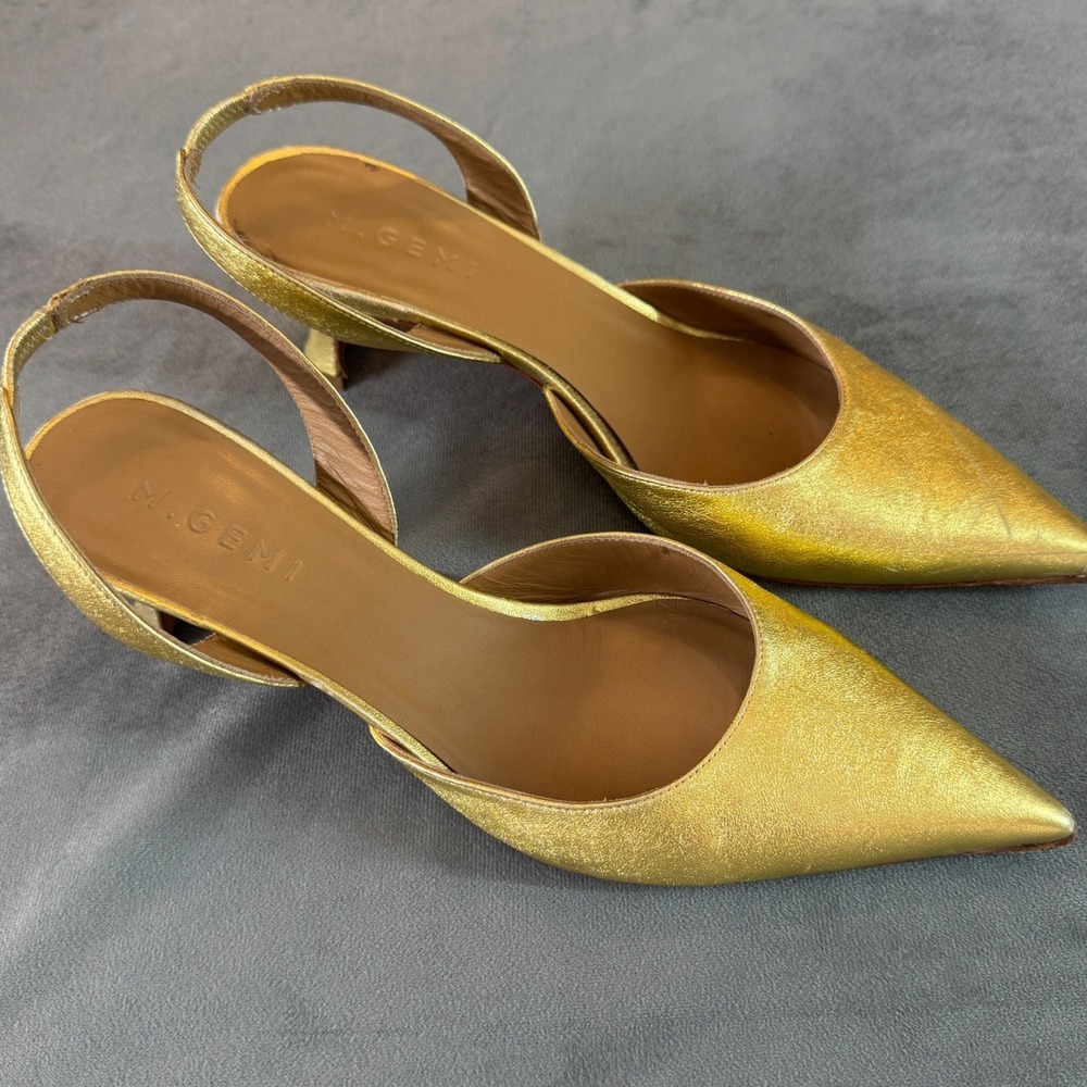 M.Gemi Slingback Kitten Heel Shoes 39.5 Gold Metallic Leather Pointed Toe Luxe
